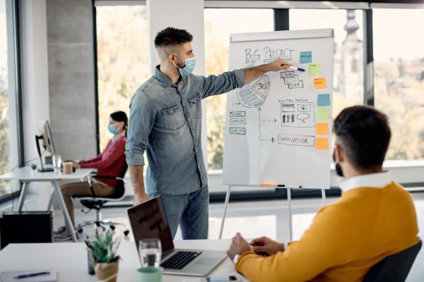 entrepreneur-wearing-face-mask-while-presenting-new-business-plans-whiteboard-office_637285-10641